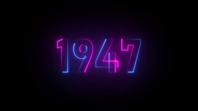 Neon glowing numbers 1947 in pink and blue on black background year