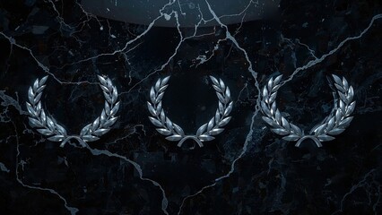 Three silver laurel wreaths on dark marble background, elegant metallic symbols of victory, honor, and achievement