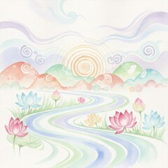 Watercolor Lotus Landscape with Pastel Hills and Winding River.