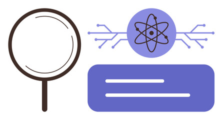 Obraz premium Magnifying glass next to atomic science symbol with circuit board pattern and text box. Ideal for science, innovation, technology, research, data, analysis, education. A simple flat metaphor