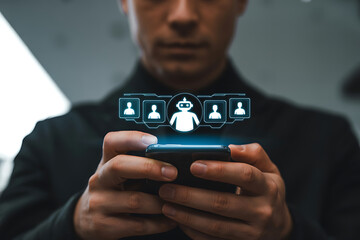 Man holding smartphone displaying futuristic people icons and robot interface