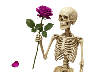 Isolated skeleton with purple rose giving romantic present for special occasion date love