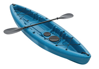 Isolated blue kayak, paddle for one person to maneuver in water, river, sea, ocean, outdoors