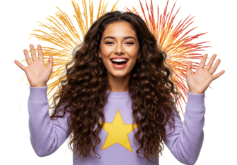 Isolated young woman with curly hair joyfully smiles and gestures, festive background
