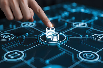 Finger touching digital coins representing online investment and financial technology on a dark screen