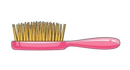 Pink hair brush with golden bristles on a white background