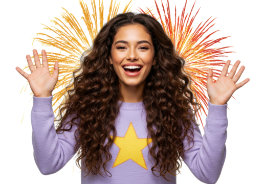 Isolated young woman with curly hair joyfully smiles and gestures, festive background - Powered by Adobe