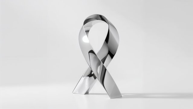 Minimalist chrome awareness ribbon sculpture on white background for modern design and solidarity concepts - Powered by Adobe