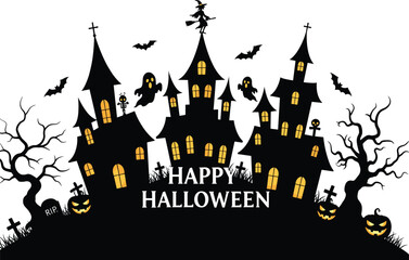 Halloween haunted house illustration, spooky night scene with ghosts, bats, witch on broomstick, pumpkins, skeletons, graveyard, creepy trees, festive design