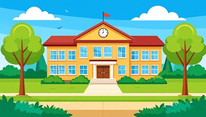 Cartoon school building in a sunny landscape