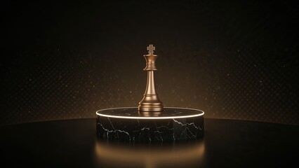 Golden chess king piece on marble pedestal with dramatic lighting and dark background symbolizing leadership and victory