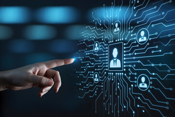 Hand interacts with digital network interface showing human resources and connection technology
