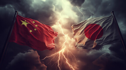 Conflict between china and japan flags stormy sky digital artwork tension dramatic viewpoint