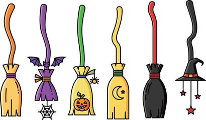 Colorful Halloween Broomstick Icon Pack: Set of 6 Different Broomstick Illustrations with Unique Designs on a White Background.