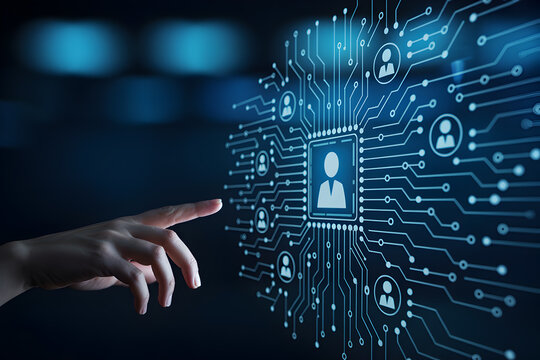 Hand interacts with digital interface featuring a circuit board and user icons on a dark blue background