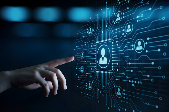 Finger interacts with digital interface displaying network of people for hr management system