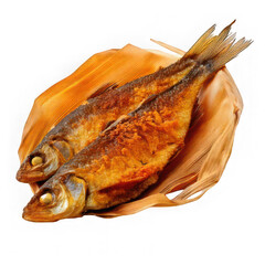 fresh fry fish peeled and roasted with husk isolated on white background
