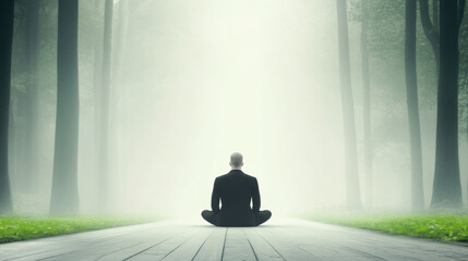 Man meditation forest fog aura glowing peaceful serene nature mindfulness relaxation sitting solitude calm spiritual outdoor tranquil wellness healthy morning mist yoga balance harmony energy focus