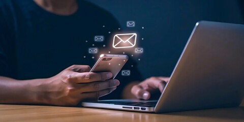 Close-up of hands using smartphone with email icons and laptop in background communication technology