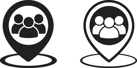 Two location pin icons with group of people silhouettes on white background Keywords: location, pin, map, marker, GPS