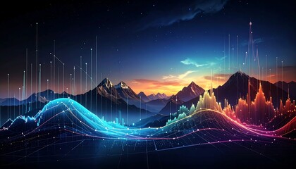 Digital landscape depicting data visualization overlaying mountainous terrain under a vibrant, colorful sunset sky
