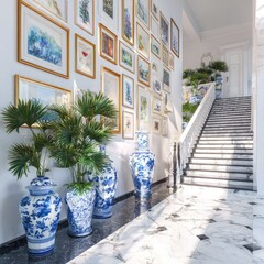 A grand hallway featuring a stylish staircase and a gallery wall displaying framed artworks, all set against a backdrop of exquisite blue and white porcelain vases and lush tropical plants.