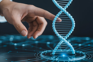 Hand interacting with a digital dna model on a futuristic interface for science and technology