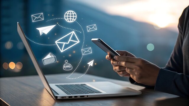 Person's hands on smartphone and laptop with digital email icons, paper airplanes, and globe graphic