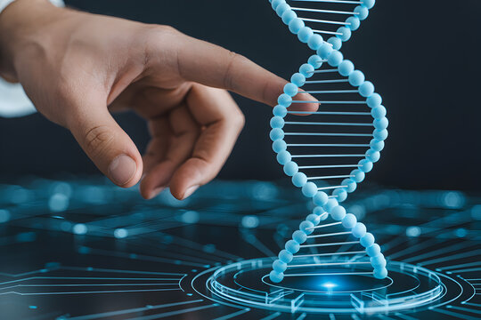 Hand interacting with a digital dna model on a futuristic interface for science and technology