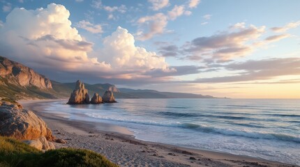 Sunset over rocky beach with gentle waves and colorful clouds in the sky near a tranquil shoreline