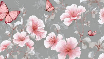 Delicate pink flowers and butterflies on a muted gray background