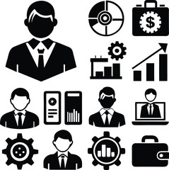 Business icon set featuring professionals charts briefcases and finance symbols for corporate branding and presentations