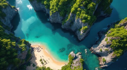 Scenic tropical beach surrounded by cliffs and clear blue water on a sunny day in a remote location