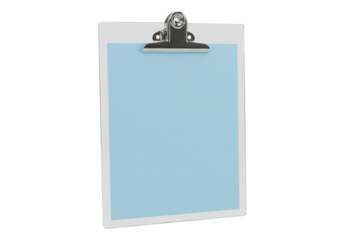 Isolated clipboard with light blue paper ready for notes, reports, or tasks list