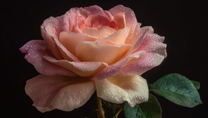 A captivating close-up of a rose, showcasing delicate pastel hues and glistening water droplets.