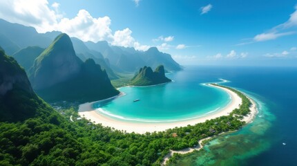Beautiful tropical beach with lush mountains under a bright blue sky on a sunny day
