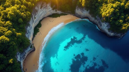 Stunning aerial view of a secluded beach surrounded by cliffs and lush greenery at sunset