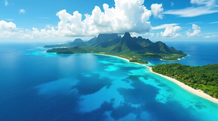 Stunning aerial view of a tropical island coastline with lush greenery and clear blue waters under a bright sky