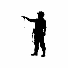 Silhouette of tunnel boring operator with flashlight pointing at water leak isolated on white background