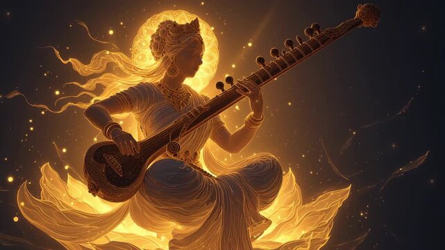 Ethereal Goddess Playing Sitar in Glowing Light