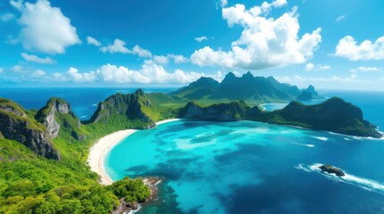 Scenic tropical coastline with white sand beaches and clear blue waters under a sunny sky