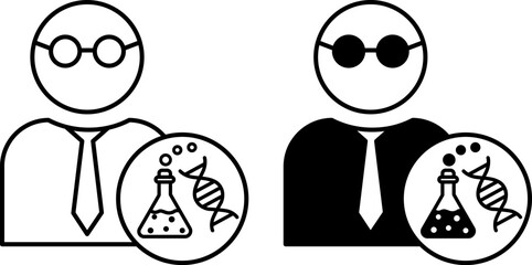 Scientist Teacher Icons. Black and White Vector Illustrations. Professor with Glasses and a Tie. Science Experiment Flask and DNA. School and Education Concept