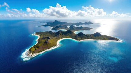 Stunning aerial view of an isolated tropical island surrounded by crystal clear waters and lush green hills