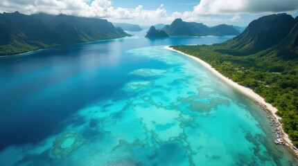 Serene view of clear turquoise waters and lush green coastline at a tropical paradise