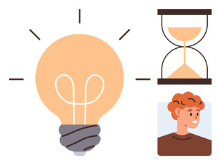 Light bulb radiating creativity, hourglass symbolizing time, individual profile suggesting thought. Ideal for innovation, time management, productivity, brainstorming, planning, deadlines