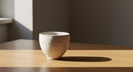 A simple, off-white ceramic bowl sits on a light beige wooden table, bathed in natural sunlight, casting a subtle shadow.