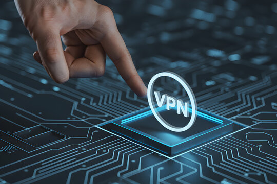 Finger activates vpn icon on futuristic circuit board representing secure network connection online