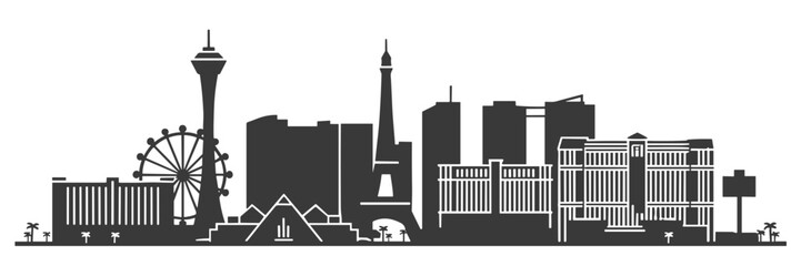 Obraz premium Wide panoramic vector illustration of Las Vegas skyline, simple black and white silhouette cityscape with famous landmarks and buildings in minimal flat design.