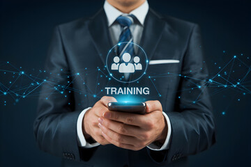 Businessman uses smartphone for online training with team icon and network connection overlay effect