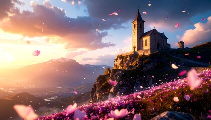 Naklejka premium Scenic Mountain Church with Flowers at Sunset Towering Above Landscape